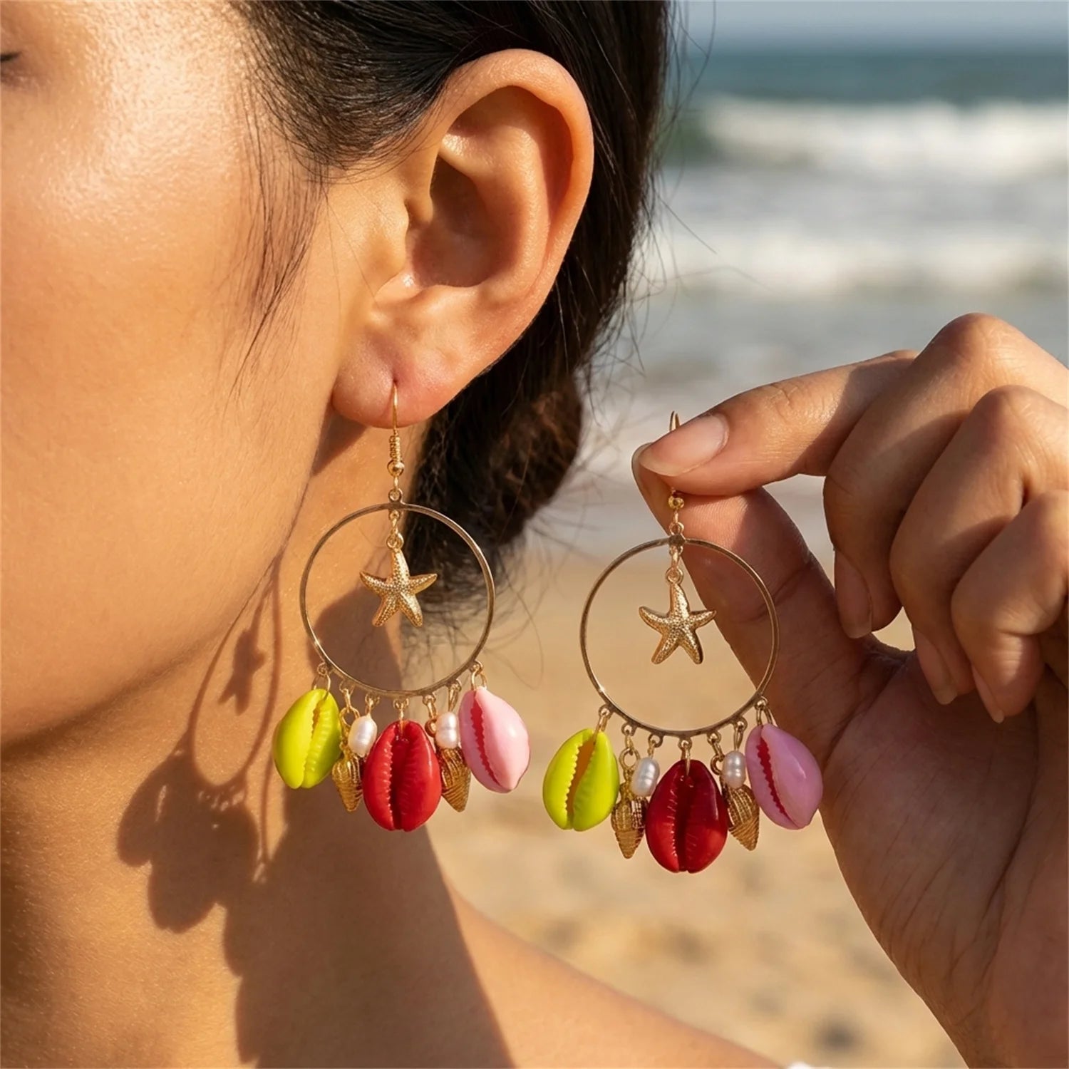Y2K Boho Hoop Earrings – Colorful Stone, Starfish & Shell Dangle, Summer Festival