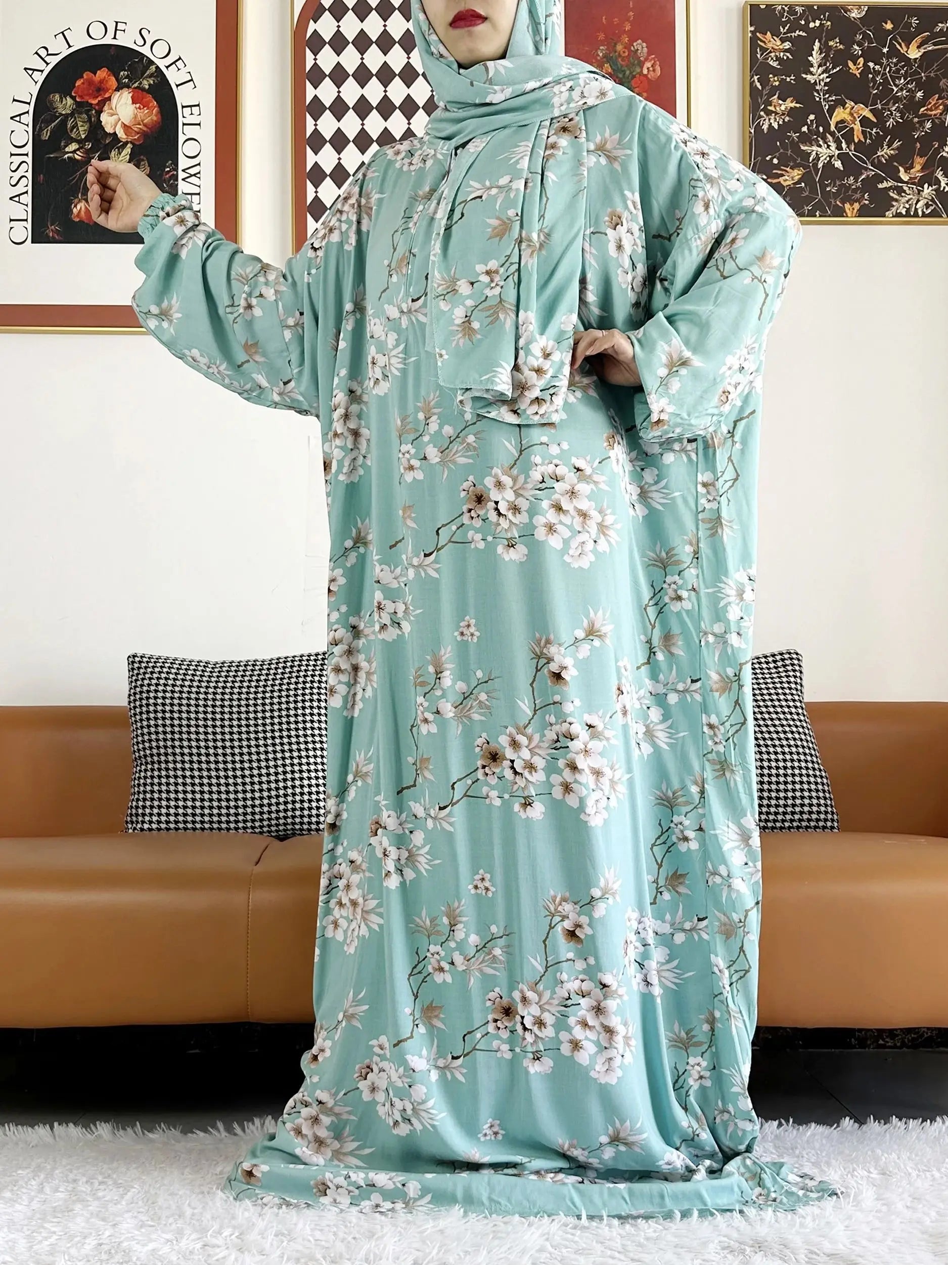 Plus Size Muslim Cotton Abaya – Loose Prayer Dress up to 6XL with Turban