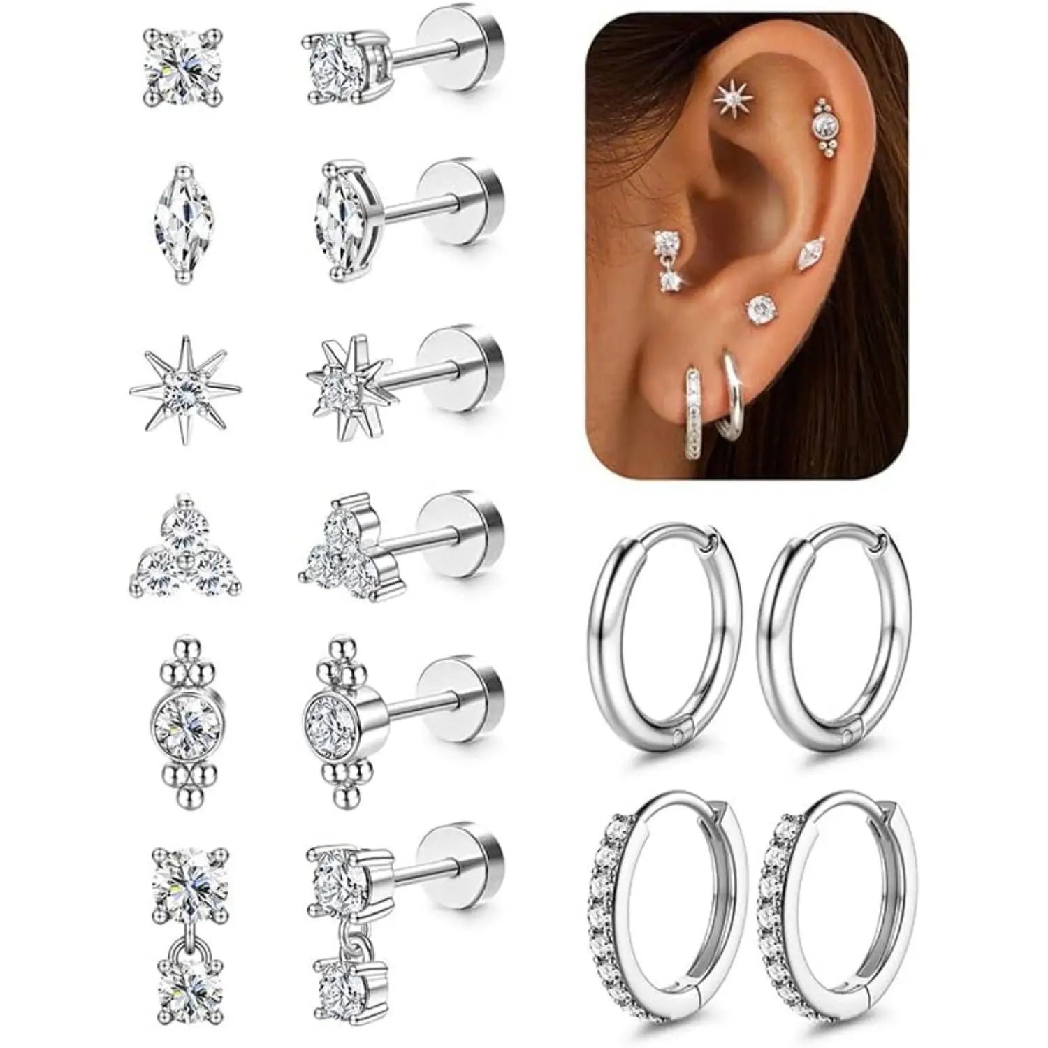 8 Pairs Hypoallergenic Earrings Set – Flat Back Studs & Hoops, Surgical Steel