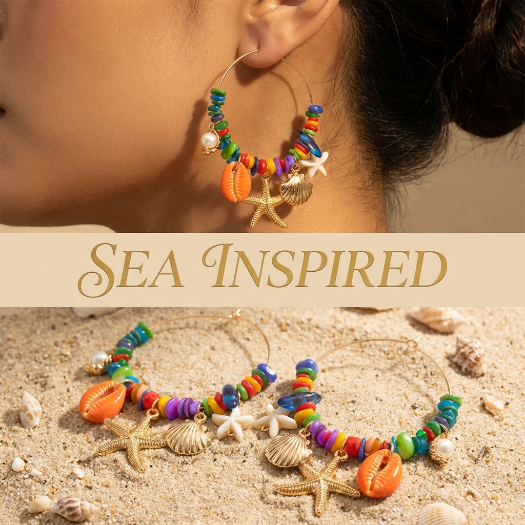 Y2K Boho Hoop Earrings – Colorful Stone, Starfish & Shell Dangle, Summer Festival