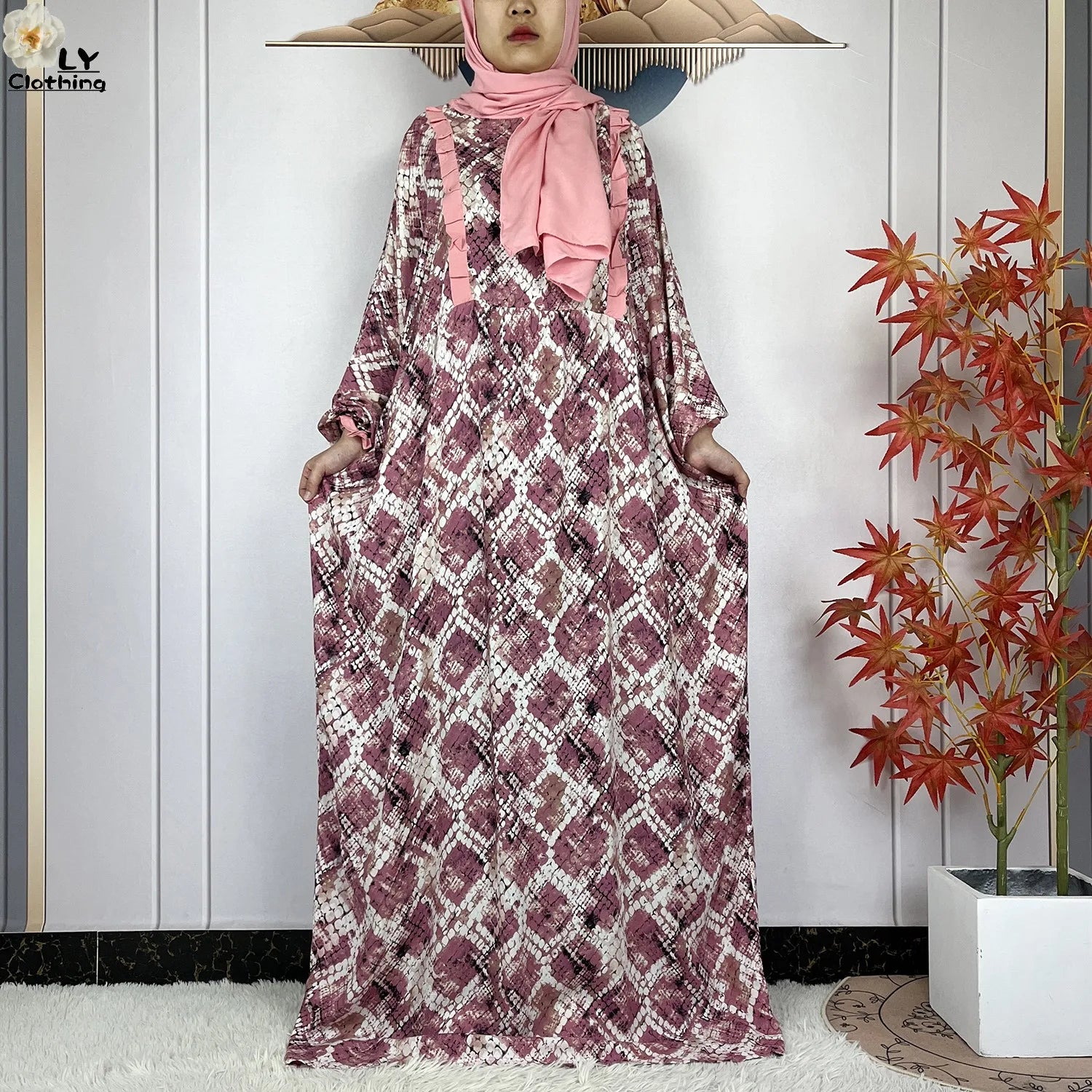 Muslim Long Sleeve Abaya – Loose Cotton Dress with Turban for Women