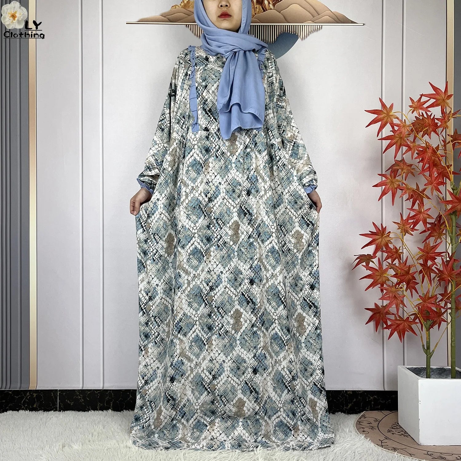 Muslim Long Sleeve Abaya – Loose Cotton Dress with Turban for Women