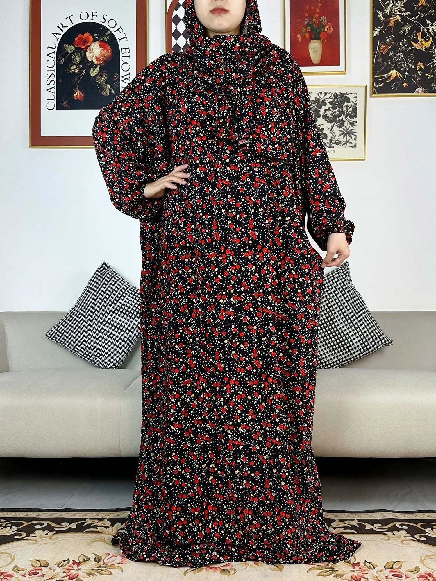 Floral Rayon Abaya – Loose African Dress with Turban for Muslim Women