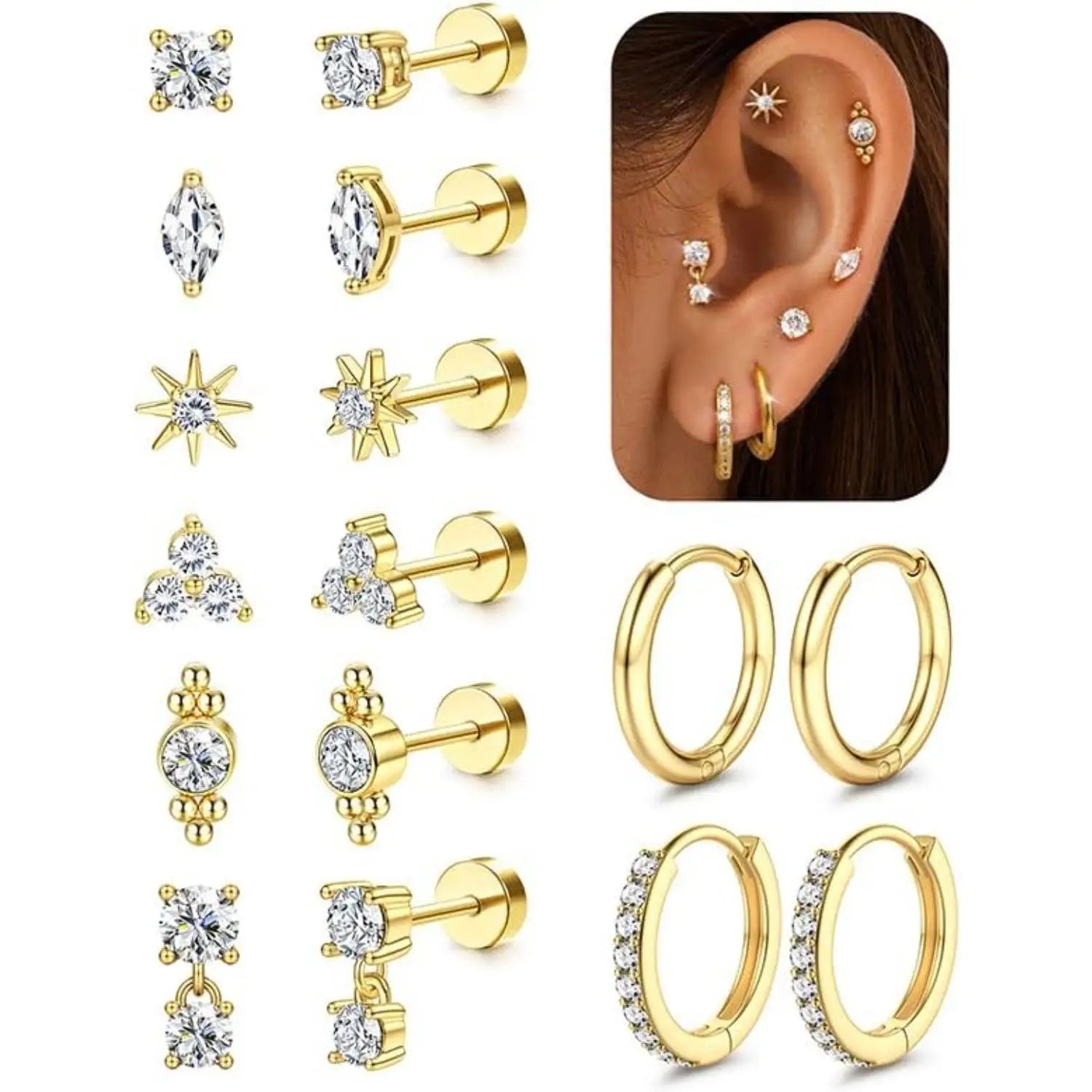 8 Pairs Hypoallergenic Earrings Set – Flat Back Studs & Hoops, Surgical Steel