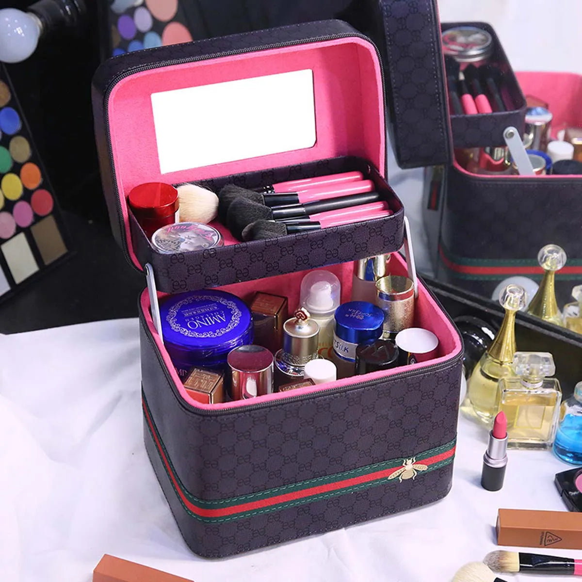 Large PU Leather Makeup Bag with Mirror – Travel Cosmetic Organiser & Storage Box