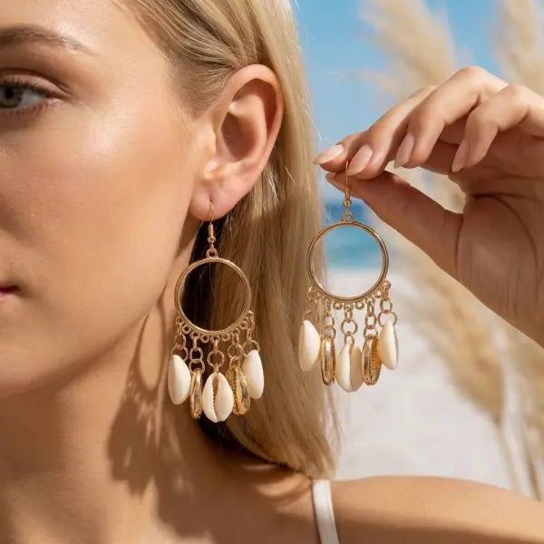 Y2K Boho Hoop Earrings – Colorful Stone, Starfish & Shell Dangle, Summer Festival