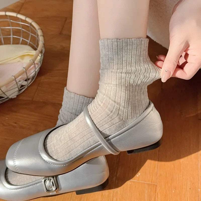 Women's Korean Style Mid-Tube Socks – Breathable Cotton Socks in Solid Colours (5 Pairs)