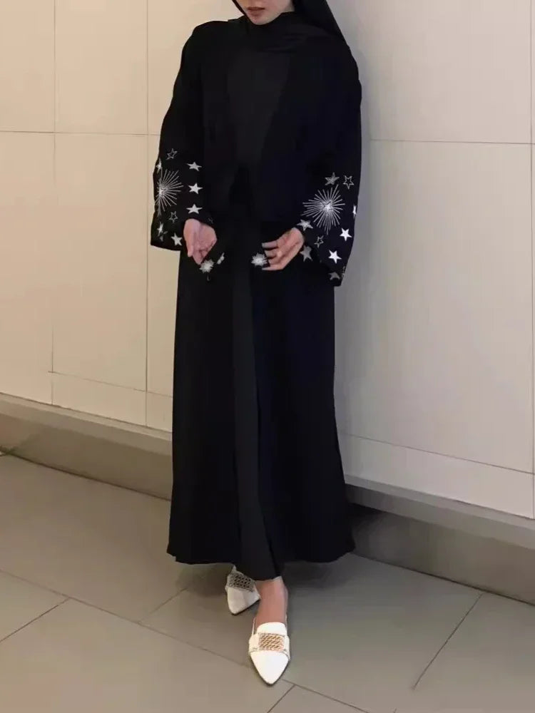 Dubai Embroidered Open Abaya – Black Saudi Cardigan Maxi Dress 2025