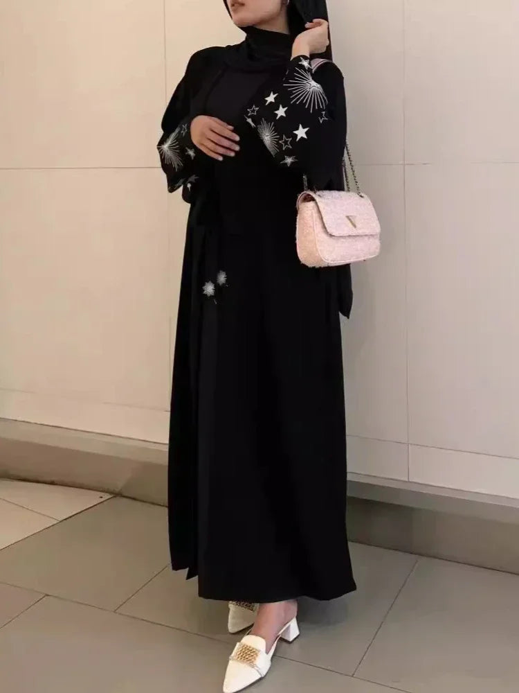 Dubai Embroidered Open Abaya – Black Saudi Cardigan Maxi Dress 2025