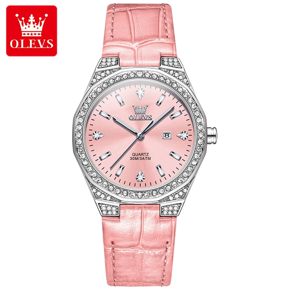 OLEVS Diamond Women's Watch – Luminous, Waterproof & Leather Strap