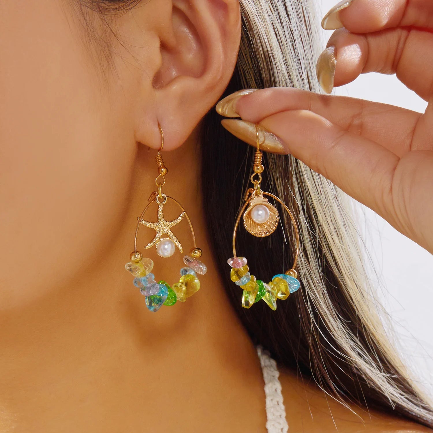 Y2K Boho Hoop Earrings – Colorful Stone, Starfish & Shell Dangle, Summer Festival