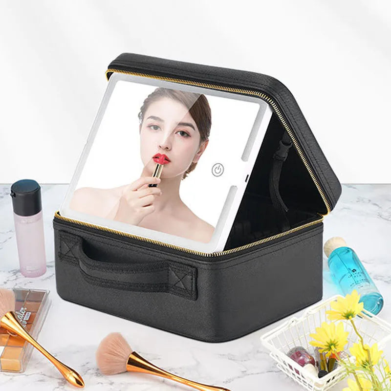 Smart LED Cosmetic Case with Mirror – Large Travel Makeup Bag for Women