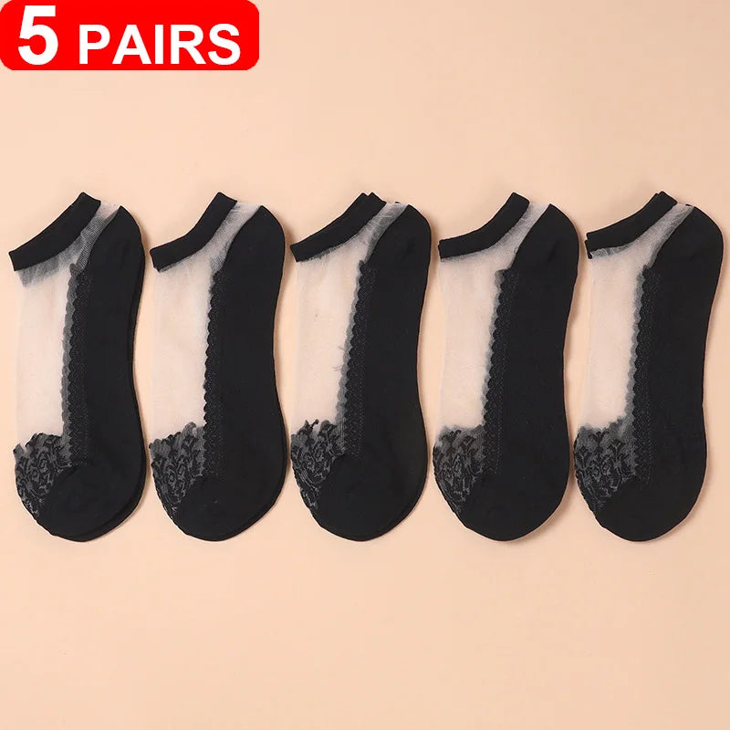 Women's Sheer Lace Invisible Socks – Ultra-Thin No-Show Ankle Socks (5 Pairs)