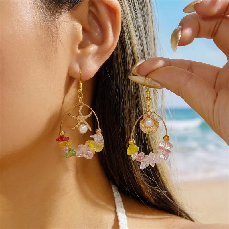 Y2K Boho Hoop Earrings – Colorful Stone, Starfish & Shell Dangle, Summer Festival