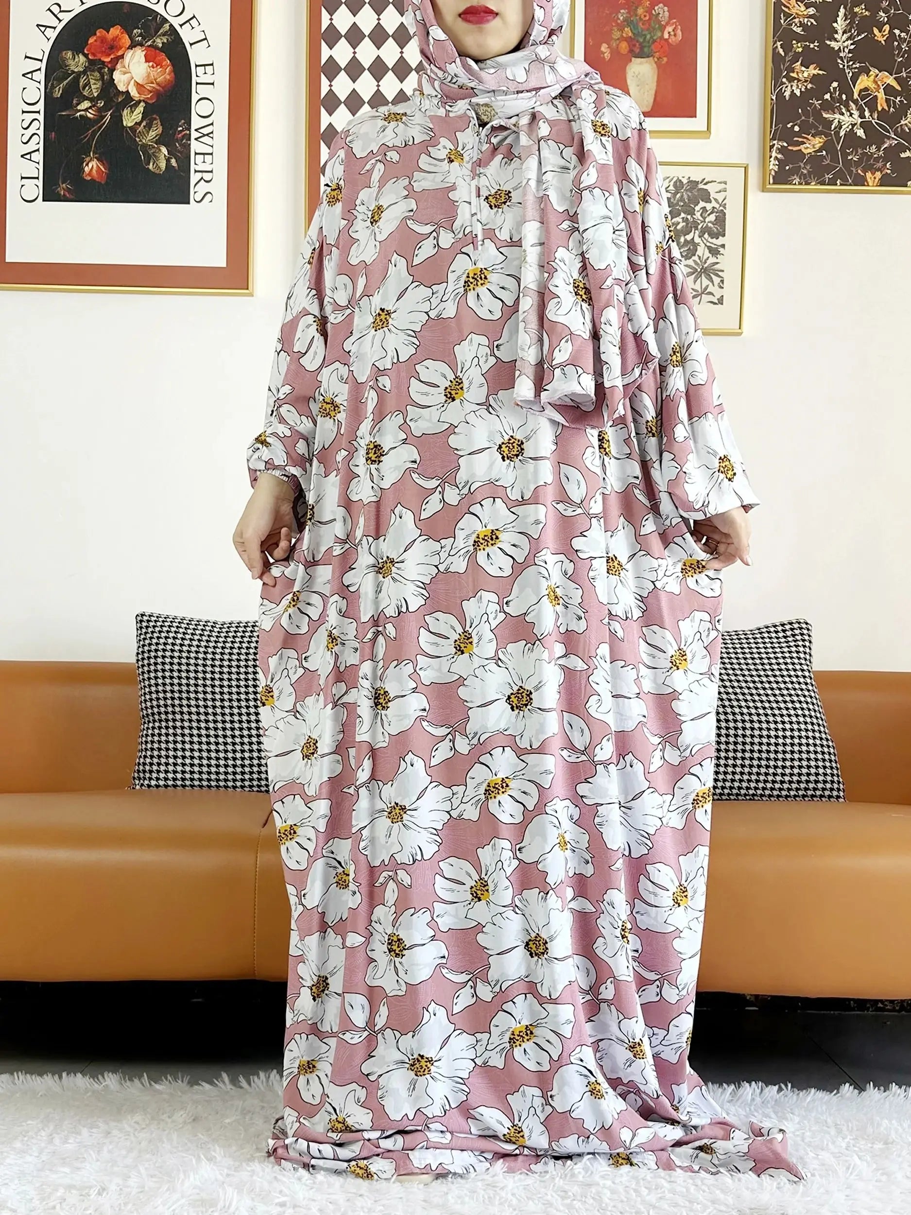 Plus Size Muslim Cotton Abaya – Loose Prayer Dress up to 6XL with Turban